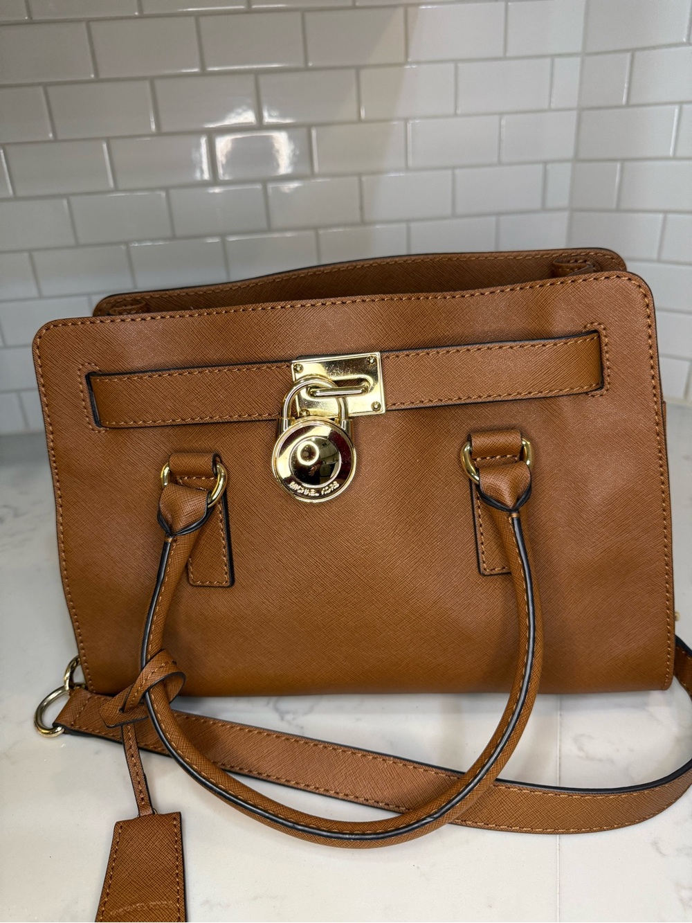 Michael Kors Brown Saffiano Leather Satchel with Gold Hardware